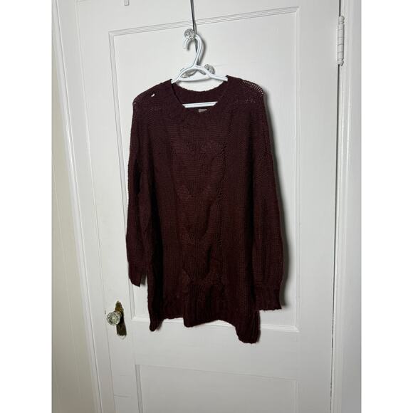 Aerie Oversized Cable Knit Chunky Crewneck Maroon Sweater Womens Small Fisherman - Picture 1 of 11